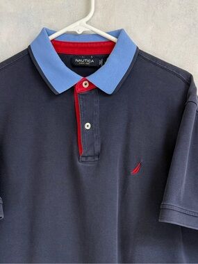 Nautica Navy Blue and Red Polo Men’s L 100% Cotton